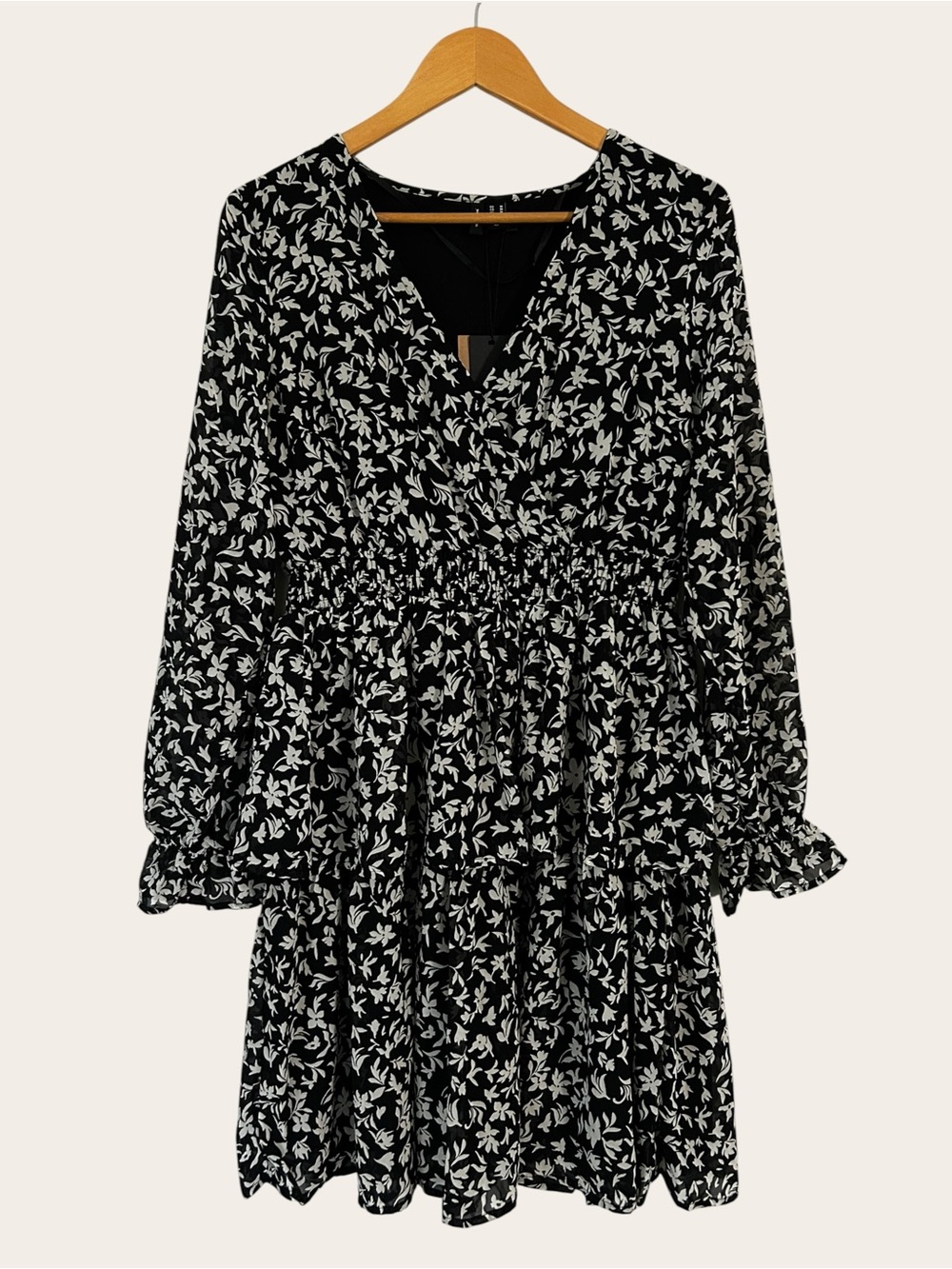 Vero Moda Black Floral Long-Sleeve Smock Waist Dress NWT